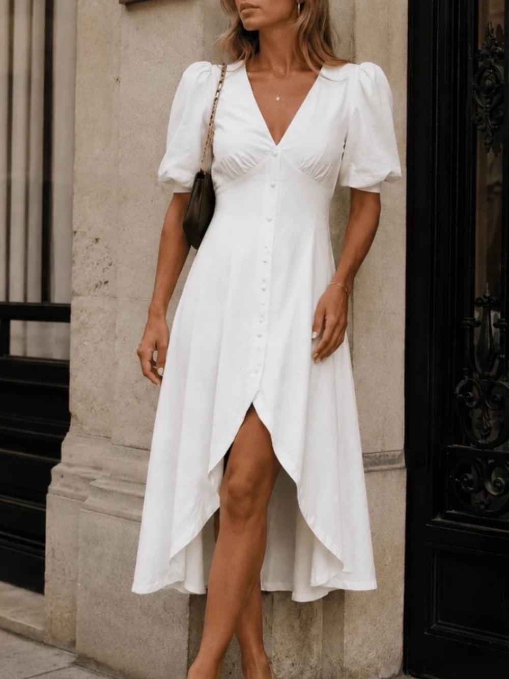 IVORY HIGH LOW PUFF SLEEVE LINEN MIDI DRESS - NWOT